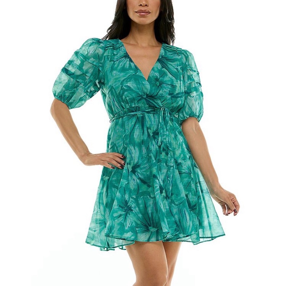 Maison Tara Teal Green Floral Mini Dress